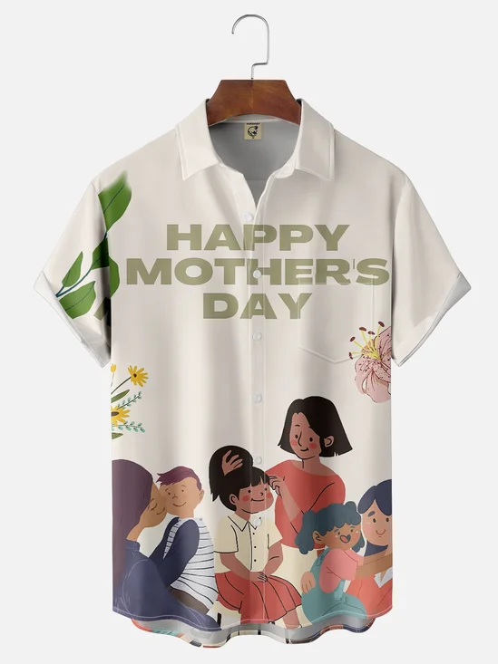 Moisture-wicking "Happy Mother's Day" Slogan Art Painting Chest Pocket Casual Shirt