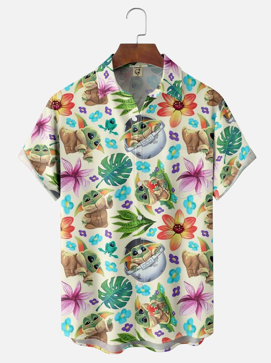Moisture-wicking Star Flower Coconut Tree Chest Pocket Hawaiian Shirt