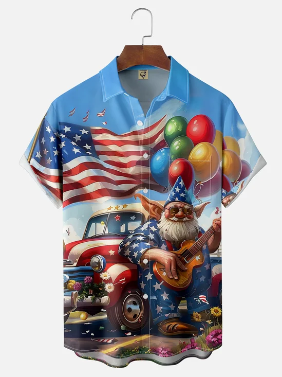 Moisture-wicking Happy Independence Day Gnome American Flag Chest Pocket Casual Shirt