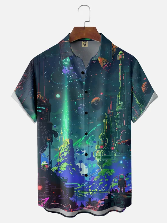 Moisture-wicking Sci-Fi Pixel Art City Universe Planet Chest Pocket Casual Shirt