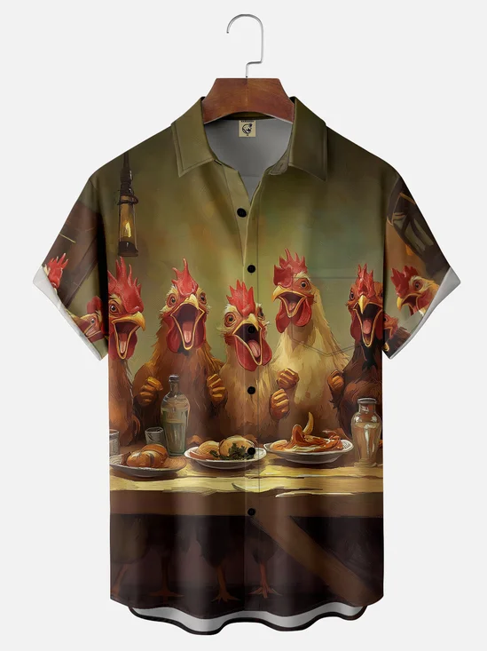 Moisture Wicking Chicken On The Table Chest Pocket Hawaiian Shirt
