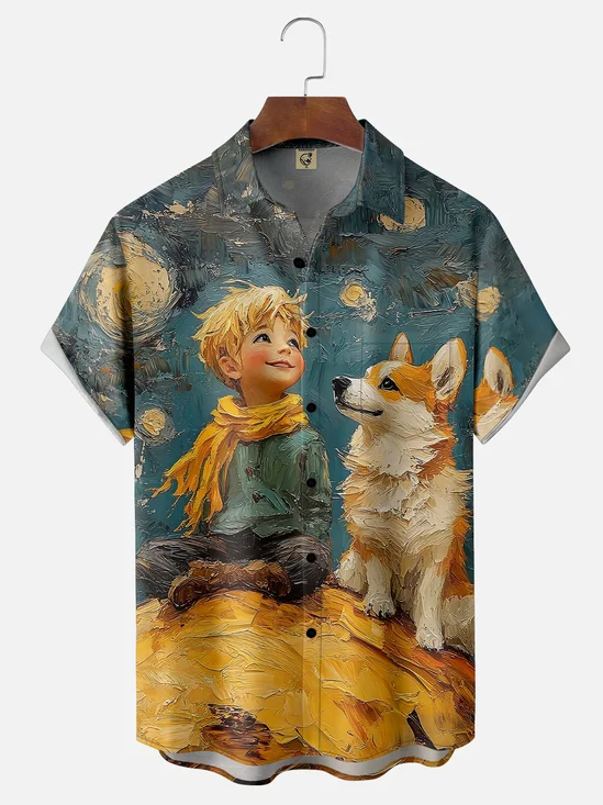 Moisture-wicking Pet Day Fantasy Art Owner and Dog Illustration Chest Pocket Casual Shirt