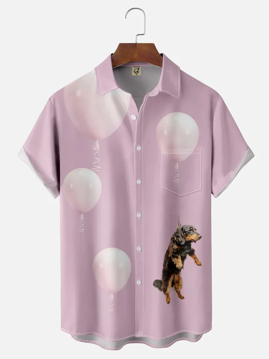 Moisture-wicking Pet Day Funny Cute Balloon Dog Lavender Chest Pocket Bowling Shirt