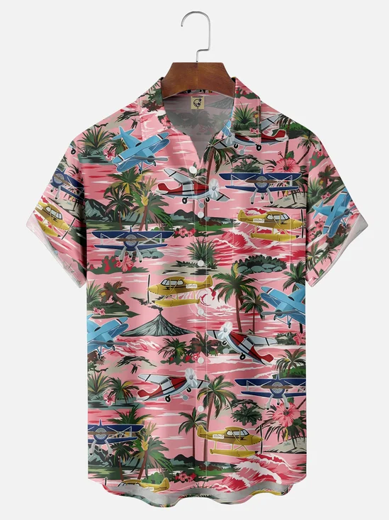 Moisture-wicking Airplane Island Coconut Tree Chest Pocket Hawaiian Shirt
