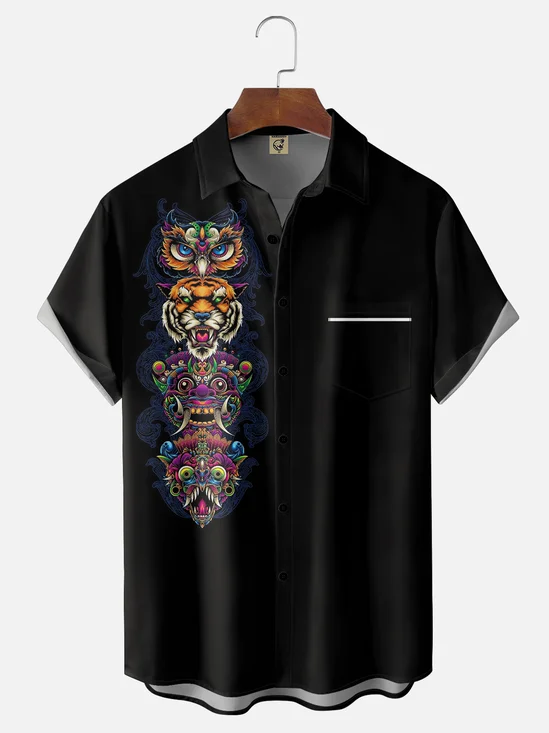 Moisture-wicking Mayan Art Tiger Chest Pocket Bowling Shirt