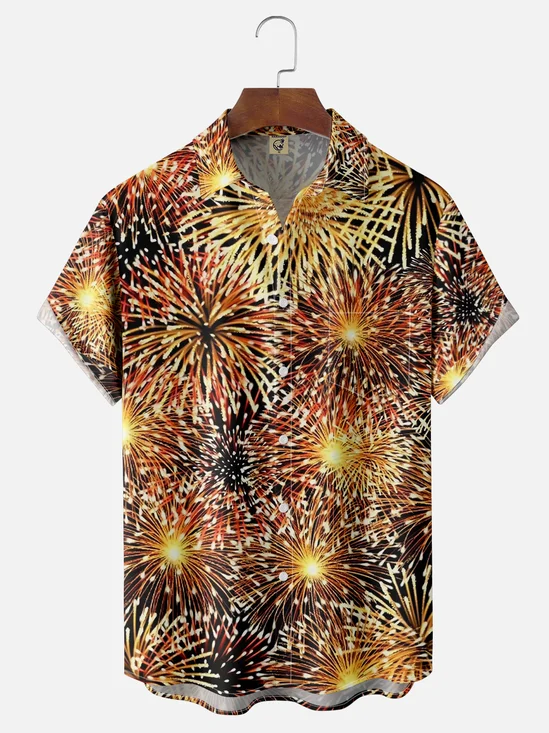 Moisture Wicking Fireworks Chest Pocket Hawaiian Shirt