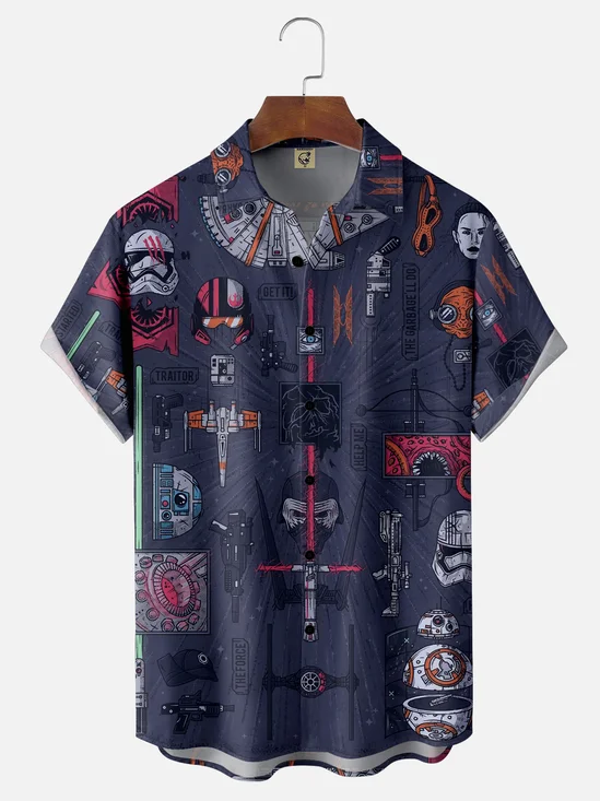 Moisture-wicking Star Spaceship Universe Planet Chest Pocket Casual Shirt