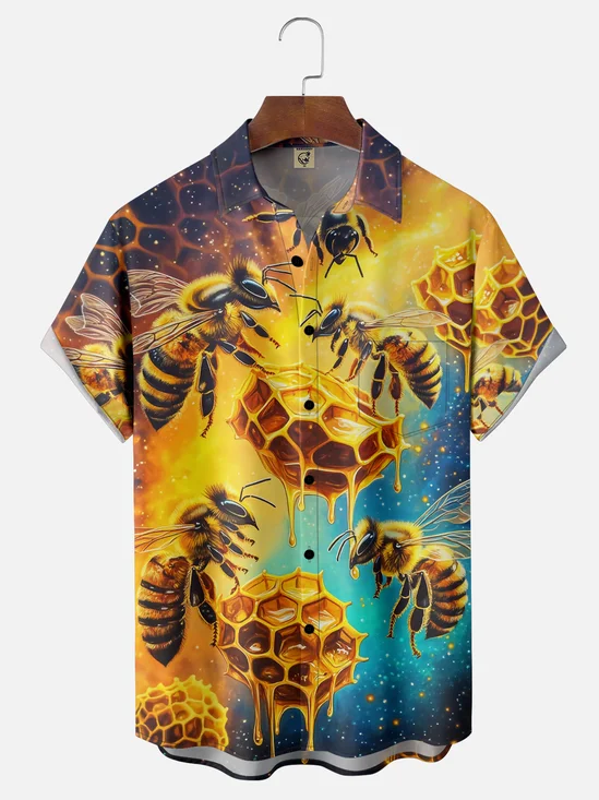 Moisture-wicking Bee Honey Honeycomb Gradient Color Chest Pocket Casual Shirt