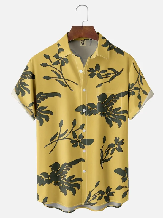 Moisture-wicking Swallow Flower White Art Lotus Same Style Chest Pocket Hawaiian Shirt