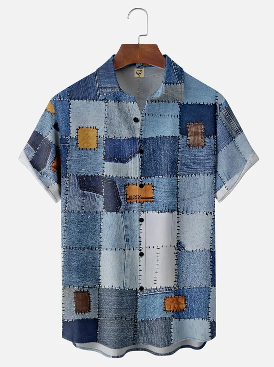 Moisture-wicking Artistic Abstract Denim Print Chest Pocket Casual Shirt