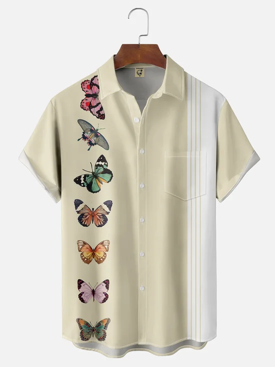 Moisture-wicking Fun Cute Insect Butterfly Specimen Chest Pocket Bowling Shirt