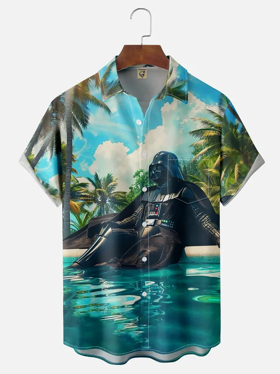 Moisture-wicking Star Swimming Pool Coconut Trees Chest Pocket Casual Shirt