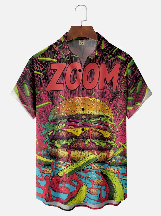 Moisture-wicking Fast Food Hamburger Pinkles Chest Pocket Casual Shirt