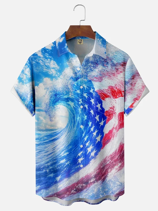 Moisture Wicking American Flag Ocean Wave Chest Pocket Hawaiian Shirt
