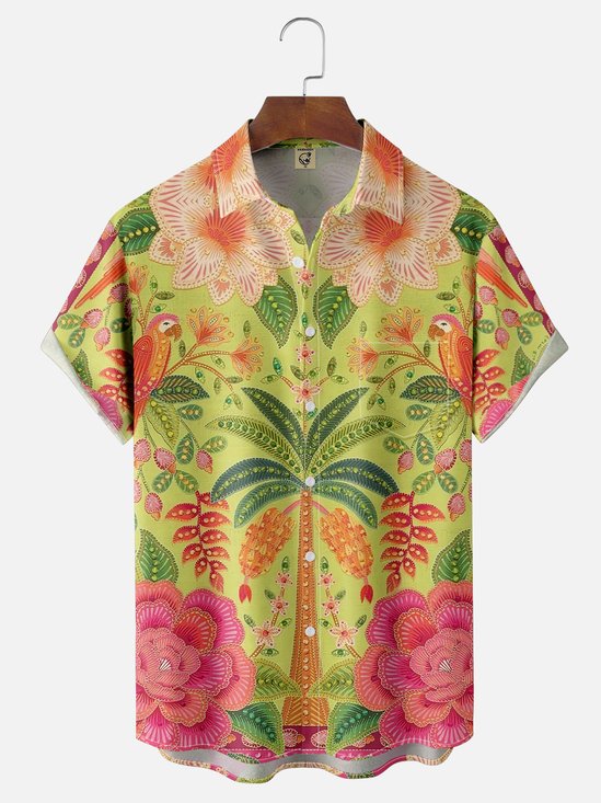 Moisture-wicking Vintage Classic Floral Botanical Parrot Art Chest Pocket Hawaiian Shirt