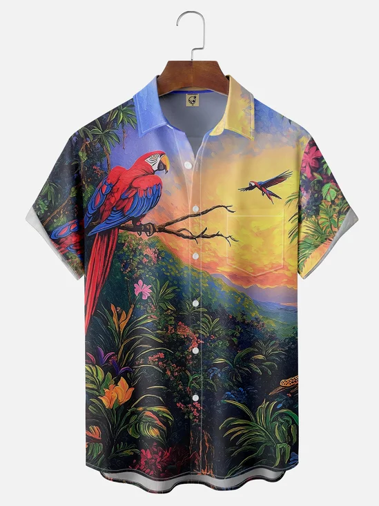 Moisture Wicking Rainforest Parrot Chest Pocket Hawaiian Shirt