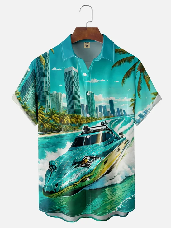 Moisture-wicking Alligator Beach Coconut Tree Chest Pocket Hawaiian Shirt