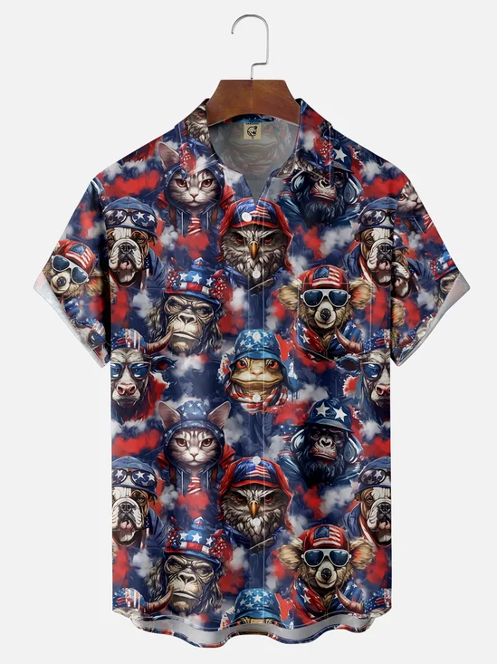 Moisture Wicking American Flag Eagle Dog Bigfoot Chest Pocket Hawaiian Shirt