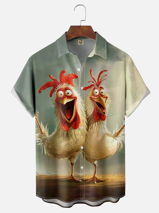 Moisture-wicking Two Fun and Cheerful Chickens Chest Pocket Hawaiian Shirt