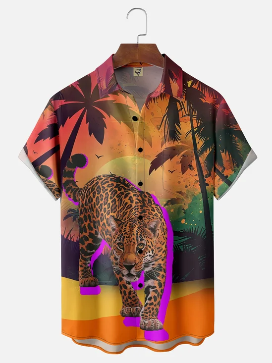 Moisture-wicking Palm Tree Cheetah White Art Lotus Chest Pocket Hawaiian Shirt