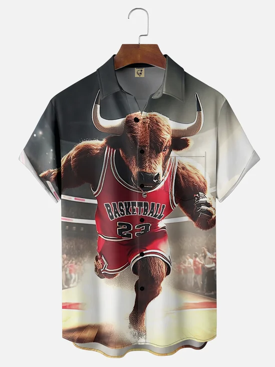 Moisture-wicking American Basketball Chicago Art Bull Chest Pocket Casual Shirt