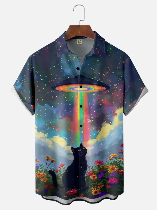 Moisture-wicking Rainbow Cat Starry Sky Flowers Chest Pocket Casual Shirt