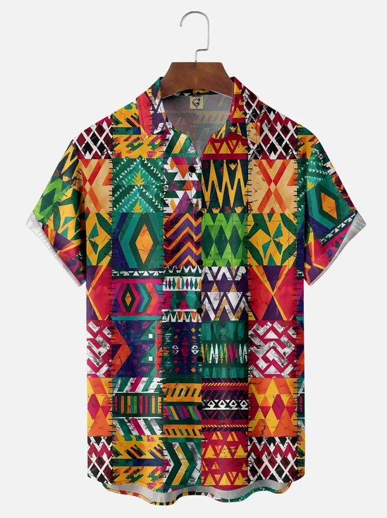 Moisture Wicking Abstract Geometric Paneling Check Chest Pocket Hawaiian Shirt