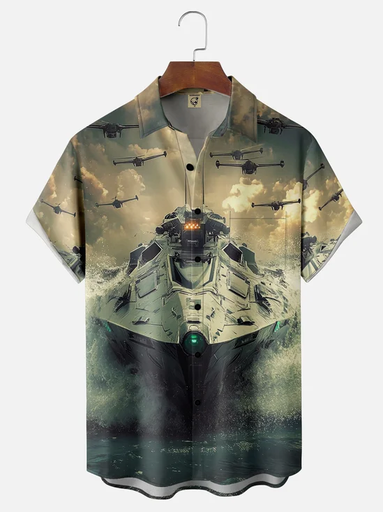 Moisture-wicking Sci-Fi Battleship Spaceship Chest Pocket Casual Shirt