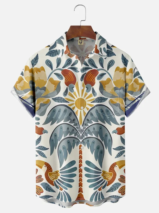 Moisture-wicking Vintage Classic Floral Bird Art Chest Pocket Hawaiian Shirt