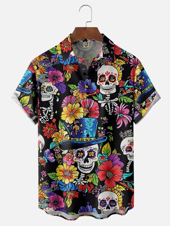 Tall Size Moisture-wicking Cinco de Mayo Day of the Dead Mexican Skull Chest Pocket Casual Shirt