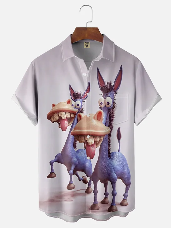 Moisture-wicking Fun and Cheerful Two Donkeys Chest Pocket Hawaiian Shirt