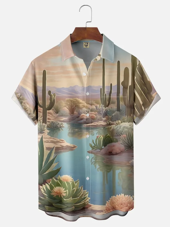 Moisture-wicking Desert Next Door Oasis Cactus Art Chest Pocket Casual Shirt