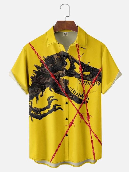 ShiMoisture-wicking Avant-garde Dinosaur Chain Art Chest Pocket Bowling Shirt