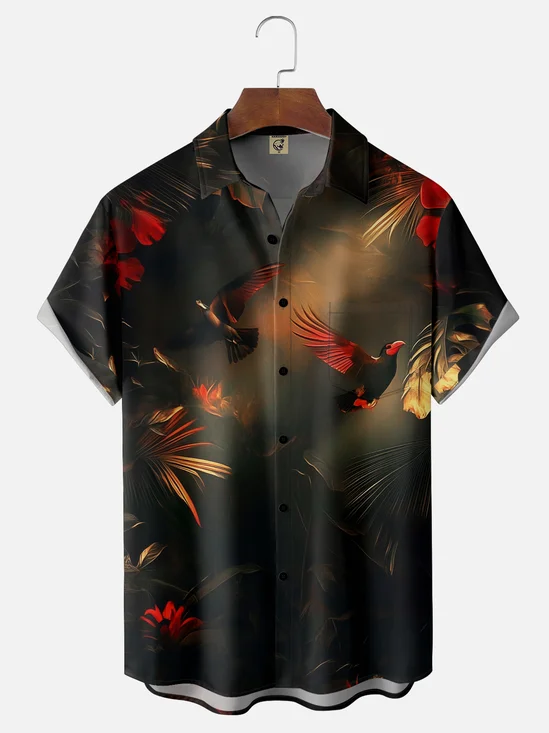 Moisture Wicking Tropical Plants Bird Chest Pocket Hawaiian Shirt