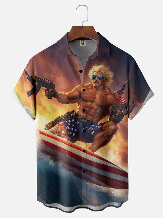 Moisture Wicking American Flag Veteran Surf Wave Chest Pocket Hawaiian Shirt