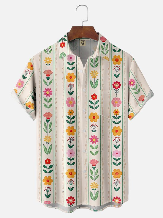 Moisture-wicking Artistic Flowers Fun and Avant-garde Chest Pocket Bowling Shirt