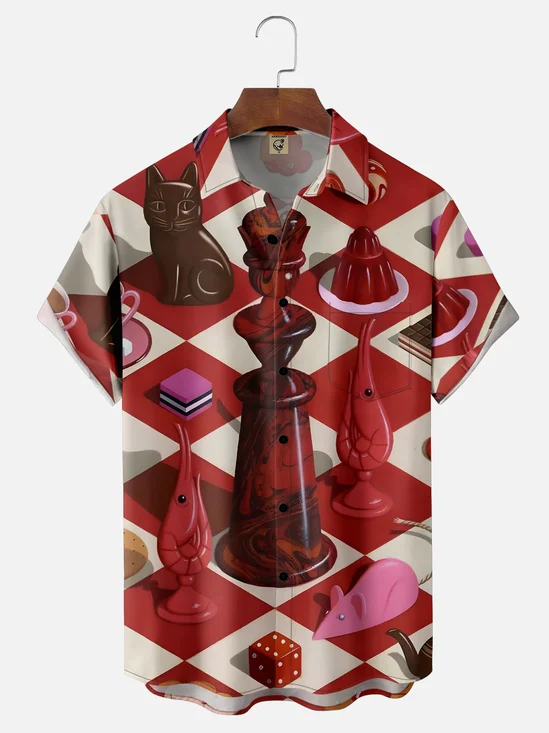 Moisture-wicking Chess Dice Cat Shrimp Chest Pocket Casual Shirt