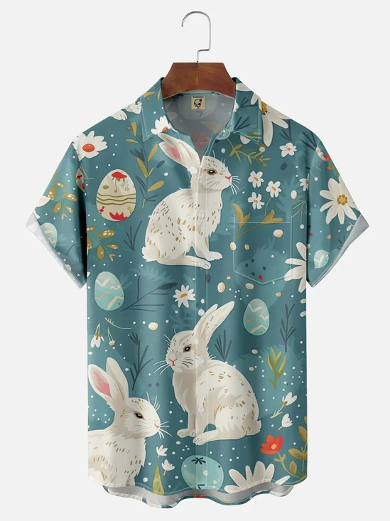 Moisture-wicking Easter Bunny Eggs Chest Pocket Casual Shirt
