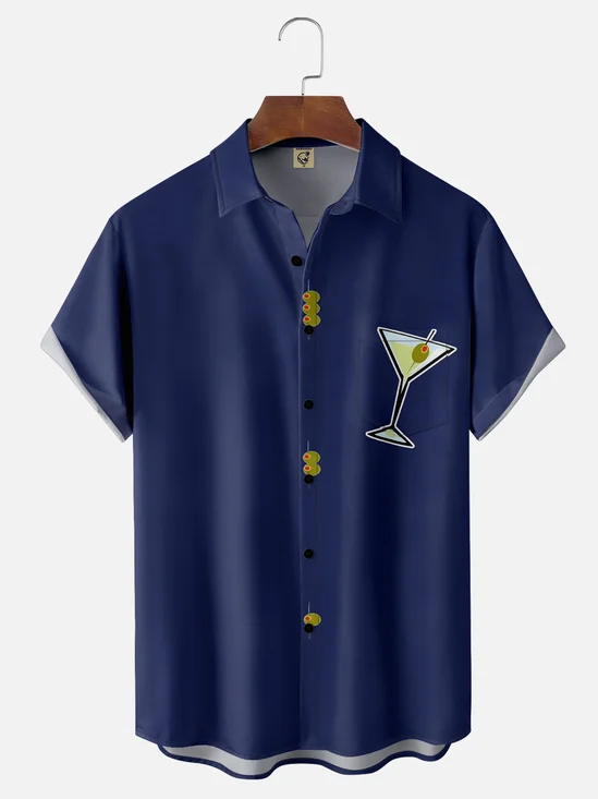 Moisture-wicking Cocktail Olive White Art Lotus Chest Pocket  Bowling Shirt