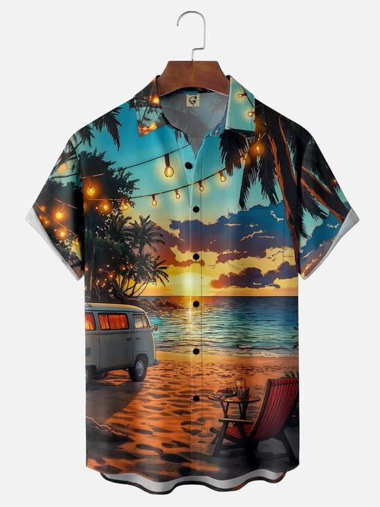 Moisture-wicking Camping Sunset Beach Coconut Trees Chest Pocket Casual Shirt