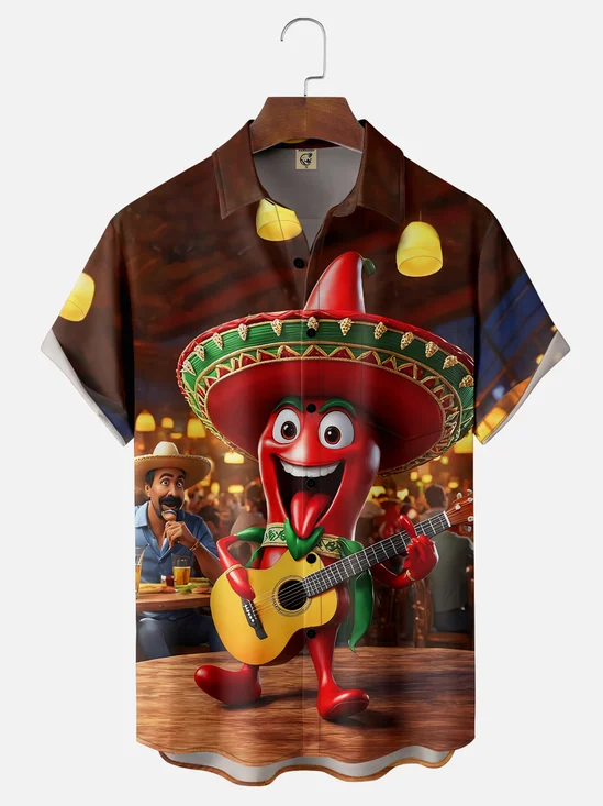Moisture-wicking Happy Cinco de Mayo Chili Peppers Guitarist Mexico Chest Pocket Casual Shirt