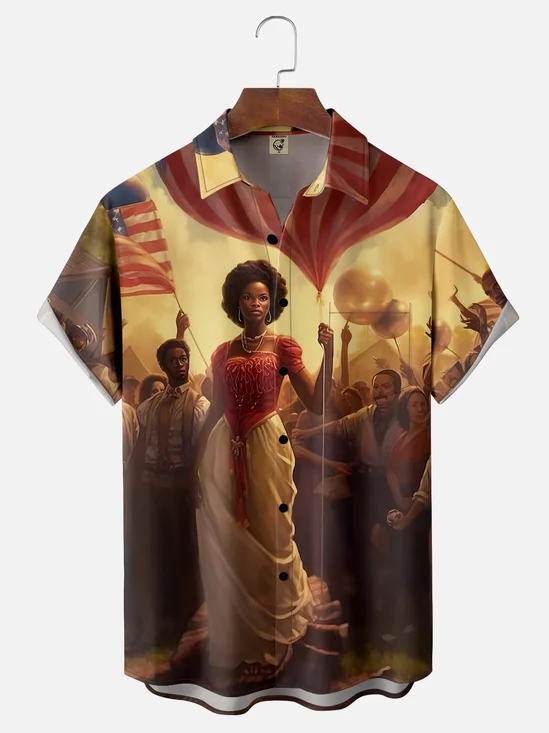 Moisture-wicking Happy Juneteenth Great Liberation Character Art Chest Pocket Casual Shirt