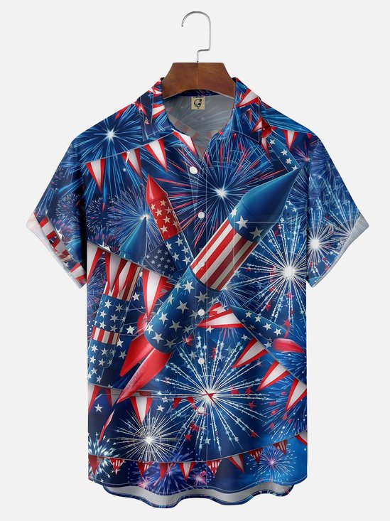 Moisture-wicking Happy Independence Day American Flag Fireworks Chest Pocket Casual Shirt