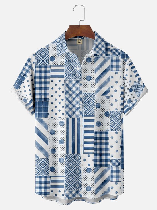 Moisture Wicking Abstract Geometric Paneling Check Chest Pocket Hawaiian Shirt