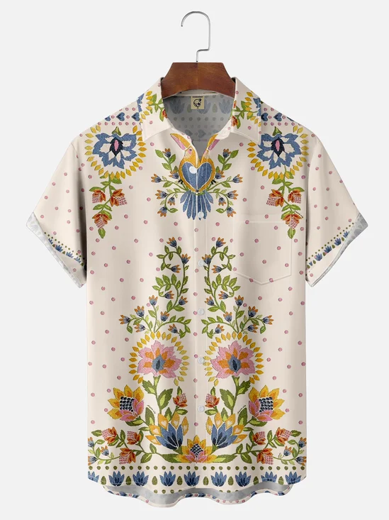 Moisture-wicking Vintage Classic Floral Botanical Art Chest Pocket Hawaiian Shirt