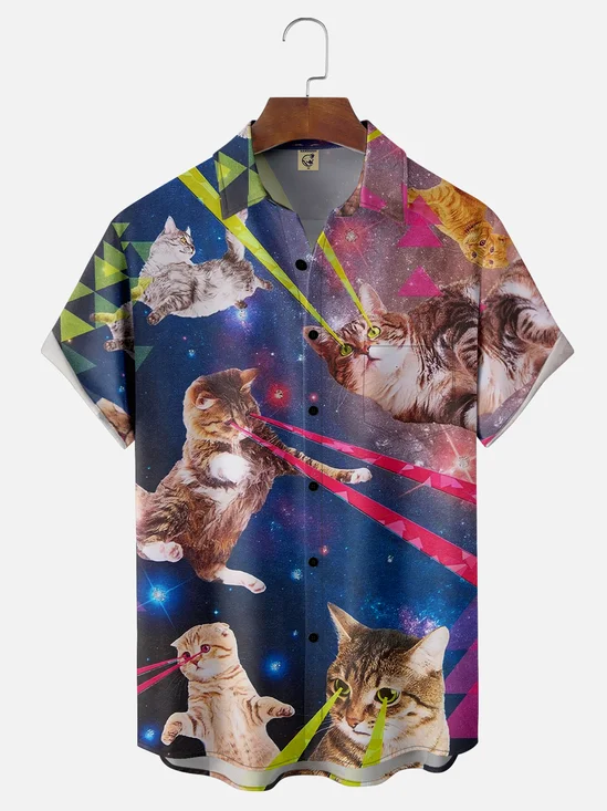 Moisture-wicking Cat Universe Ray Geometry Chest Pocket Casual Shirt