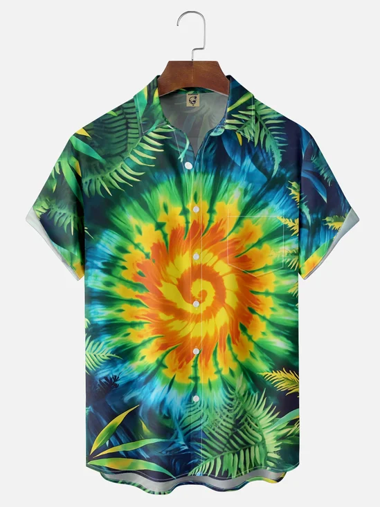 Moisture Wicking Tie-Dye Ombre Botanicals Chest Pocket Hawaiian Shirt