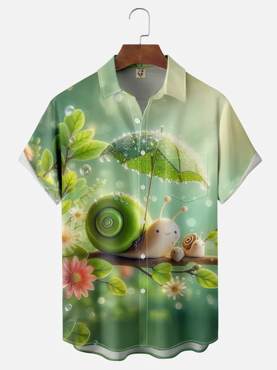 Moisture-wicking Funny Cute Snail Holding Umbrella Chest Pocket Hawaiian Shirt