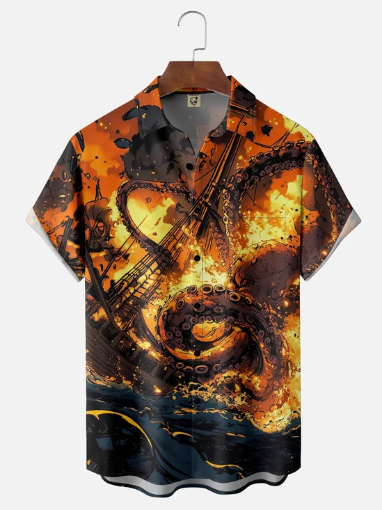 Moisture Wicking Octopus Pirate Chest Pocket Hawaiian Shirt