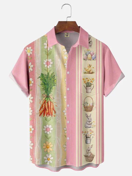 Moisture-wicking Happy Easter Funny Carrot Egg Bunny Chest Pocket Bowling Shirt
